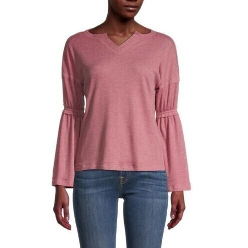 Baea Women's V-Neck Flare Long Sleeve Thermal Top In Blush Pink Medium MSRP $78